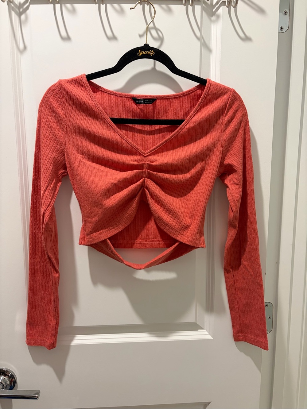 SHEIN Coral Long-Sleeve Ruched V-Neck Crop Top